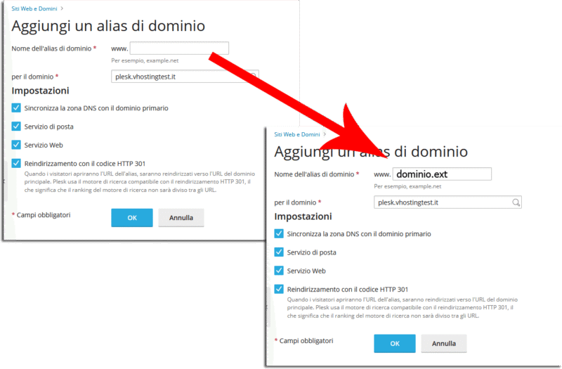 Creare un redirect del dominio