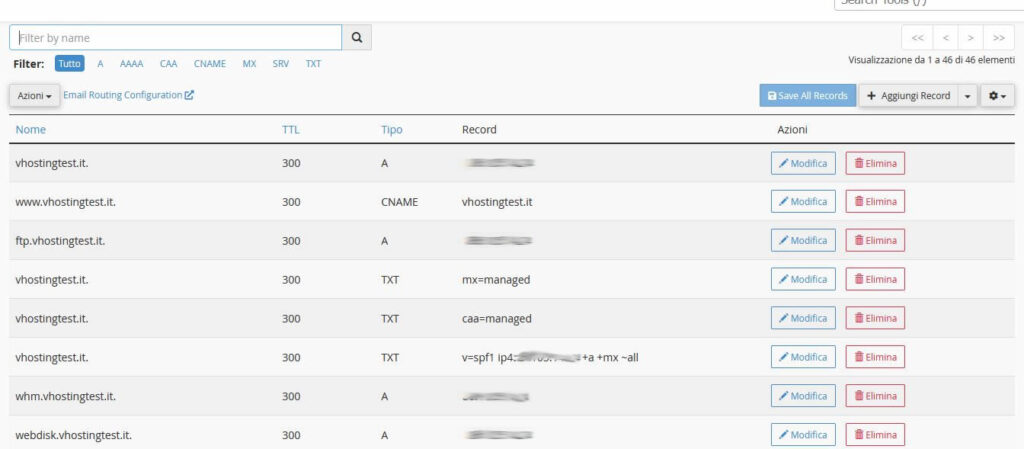 Elenco dei record DNS presenti in cPanel