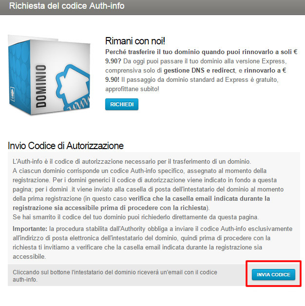 Richiedere EPP Code/AuthCode su Register.it Richiedere EPP Code/AuthCode su Register.it