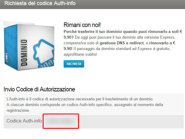 Richiedere EPP Code/AuthCode su Register.it Richiedere EPP Code/AuthCode su Register.it