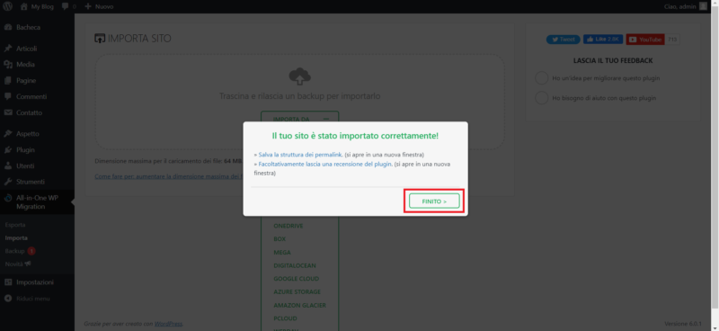 Migrazione WordPress completata con All-in-One WP Migration