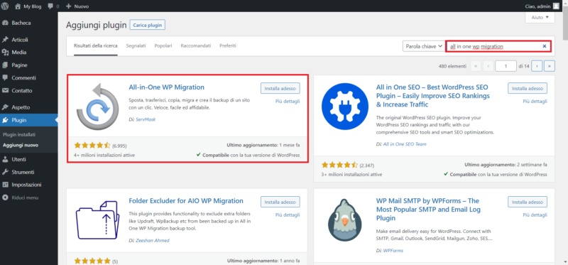 Installazione di All-in-One WP Migration da WordPress
