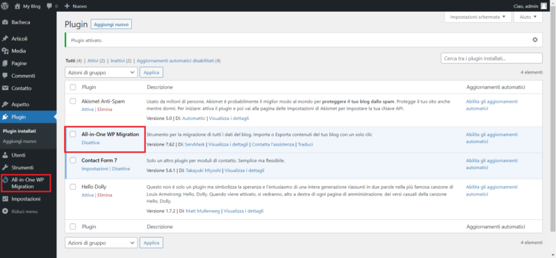 Menu di All-in-One WP Migration nella Bacheca WordPress