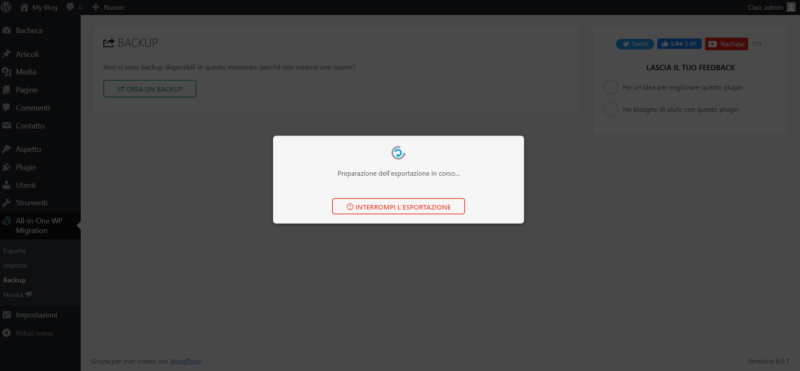 Creazione del file di backup WordPress