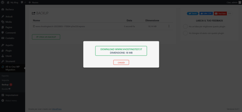Download del backup in formato .wpress