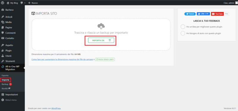 Importazione di un sito con All-in-One WP Migration
