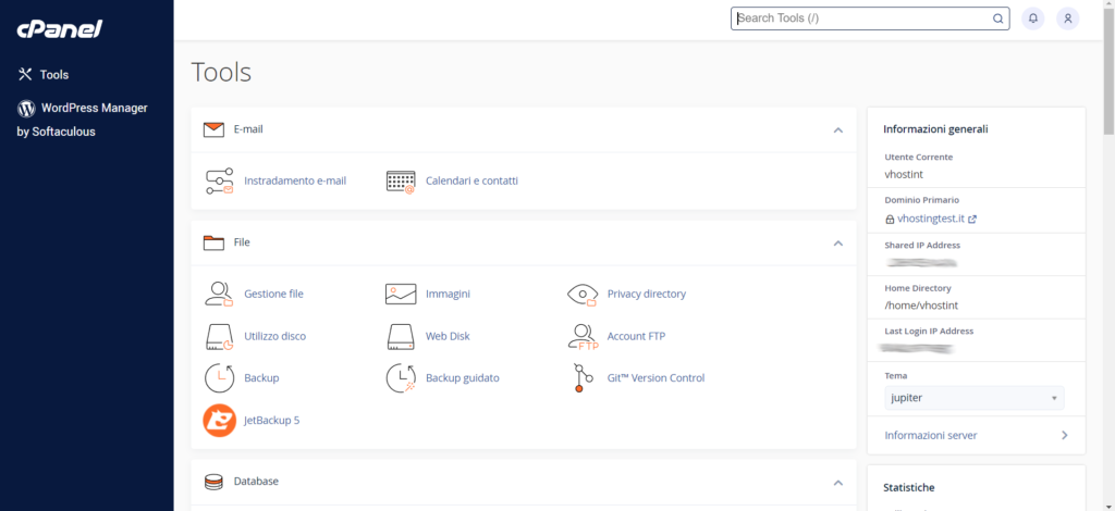 Accesso a cPanel per creare un database
