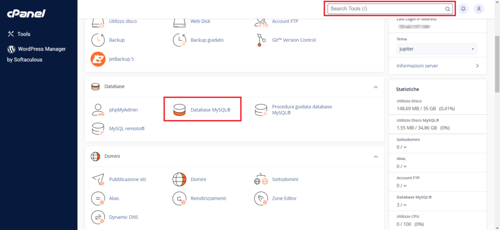 Ricerca della funzione Database MySQL in cPanel