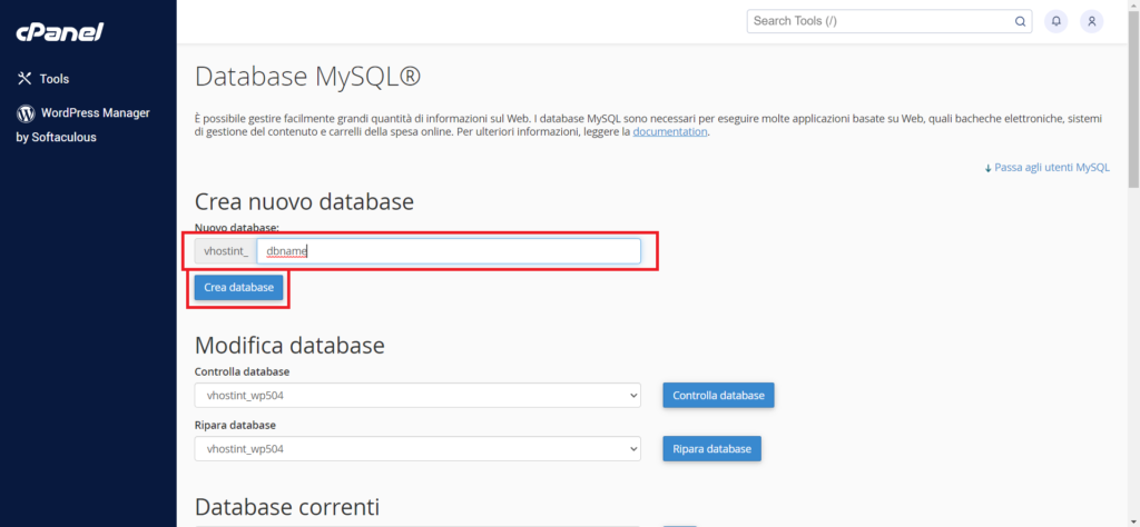 Creazione di un nuovo database MySQL in cPanel