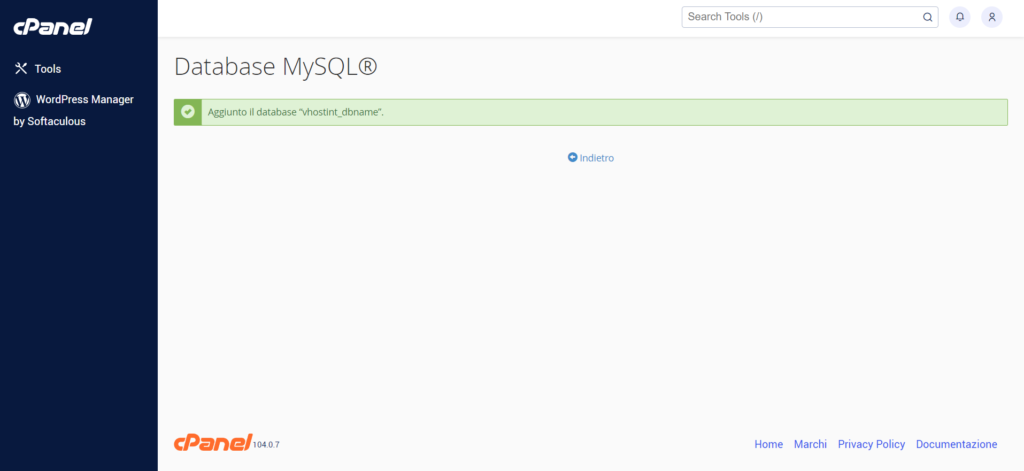 Conferma della creazione del database in cPanel