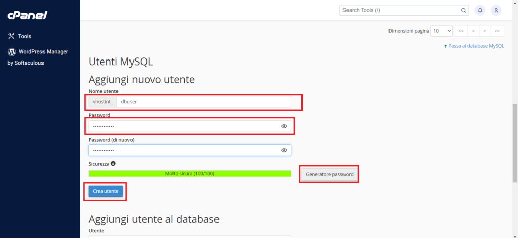 Creazione di un utente MySQL in cPanel