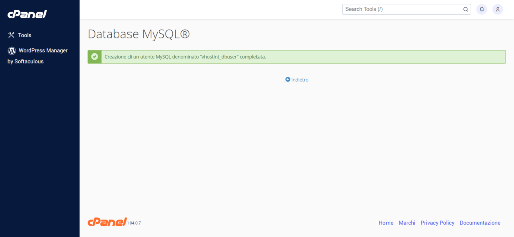 Conferma della creazione dell'utente MySQL