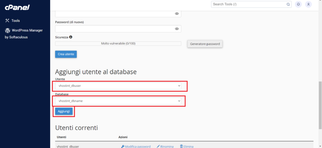 Associazione dell'utente al database MySQL