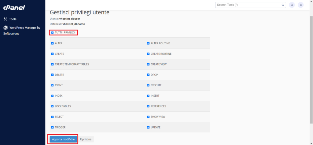 Assegnazione di tutti i privilegi all'utente MySQL