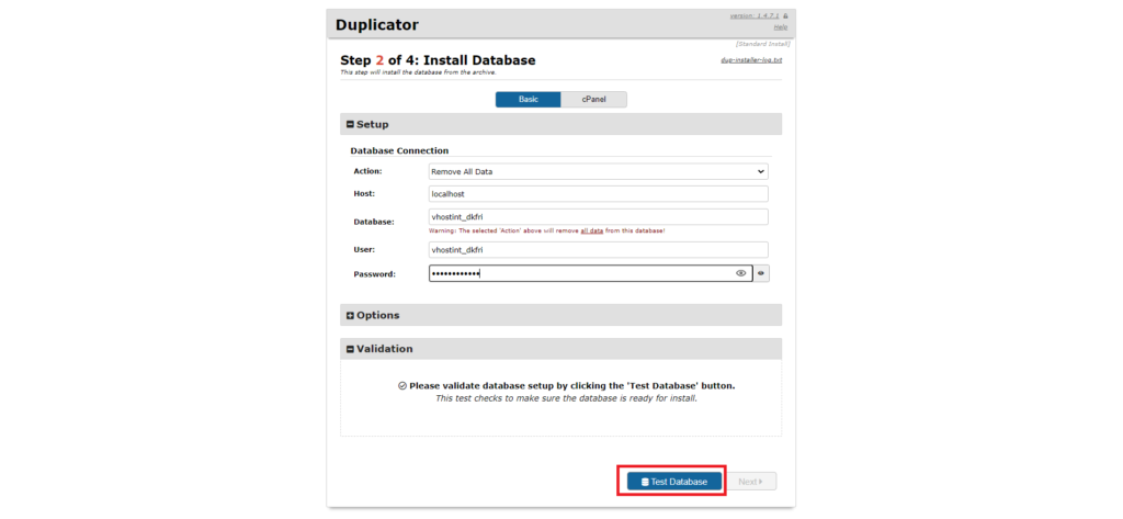 Configurazione del database nell'installer Duplicator