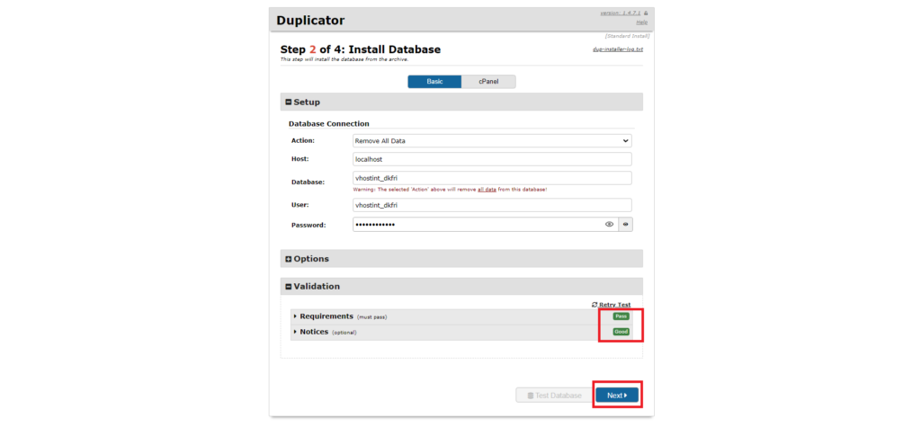 Test del database completato in Duplicator