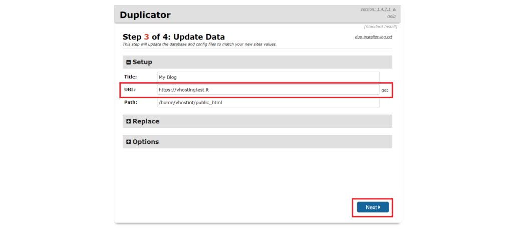 Configurazione URL e percorso del sito in Duplicator