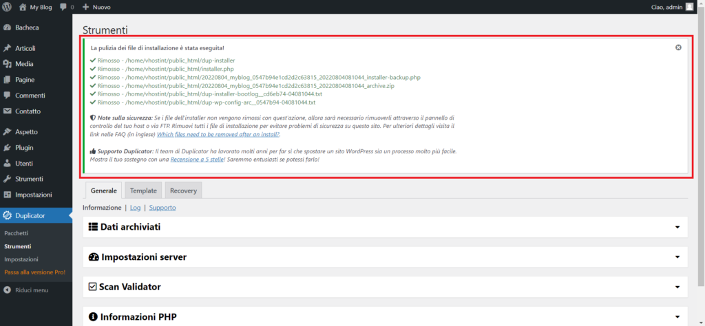 Migrazione WordPress completata con Duplicator