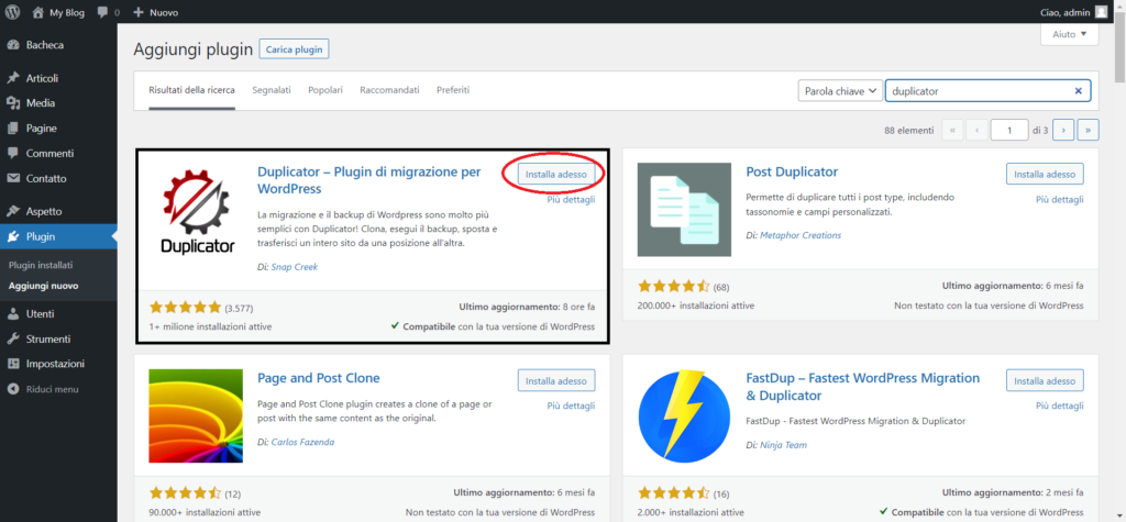 Installazione del plugin Duplicator su WordPress