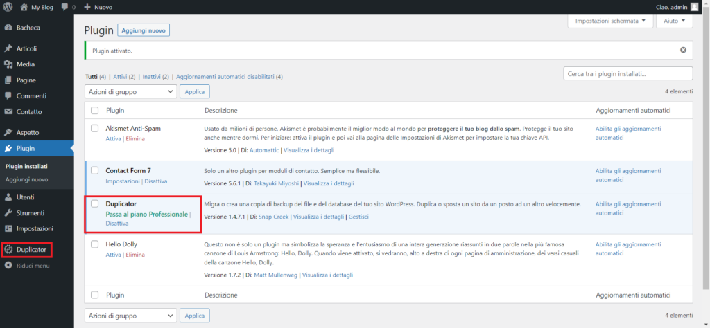 Duplicator installato su WordPress