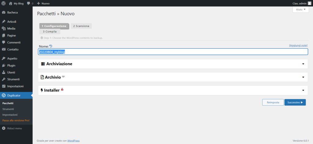 Configurazione iniziale del backup Duplicator