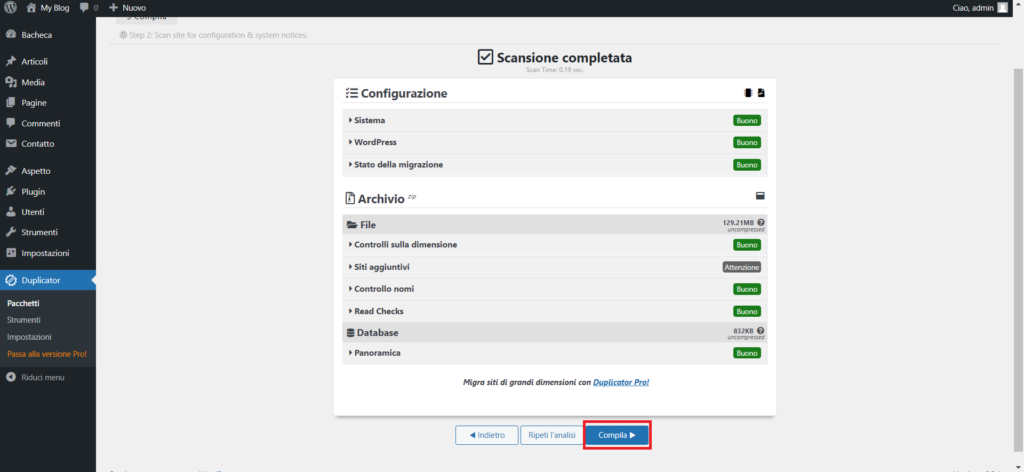 Scansione del sito eseguita da Duplicator