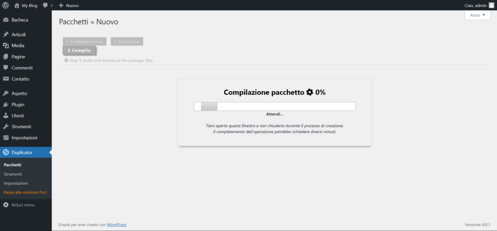 Creazione del backup WordPress con Duplicator