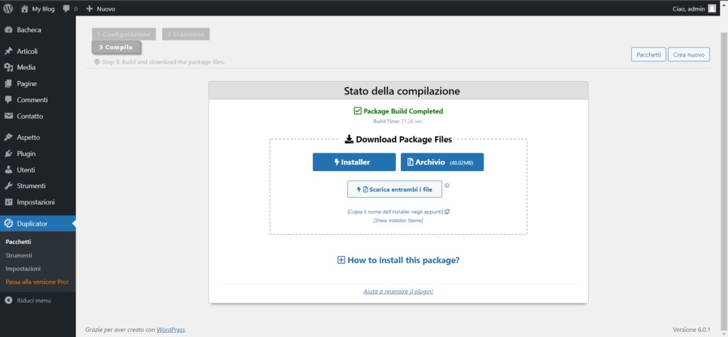 Download dell'archivio e del file installer.php di Duplicator