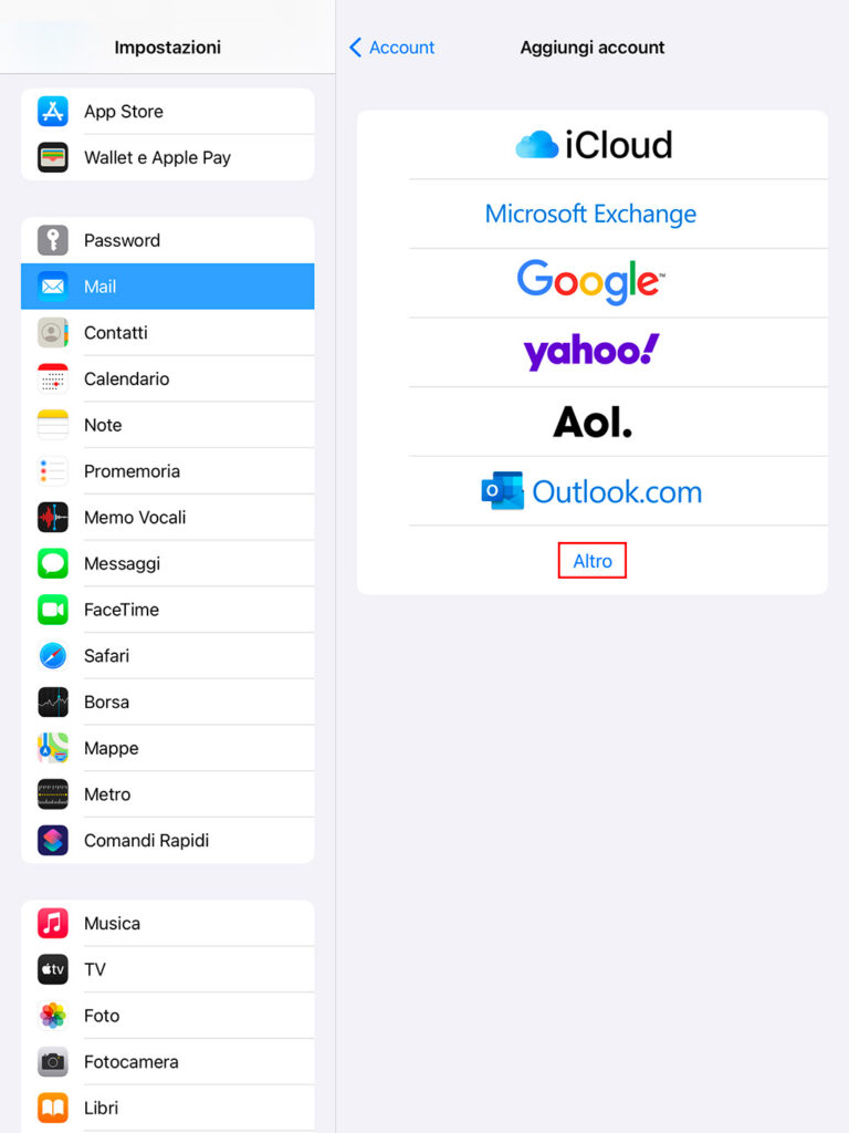 Come configurare una casella di posta su Mail Aggiunta di un account email in Mail su iPad