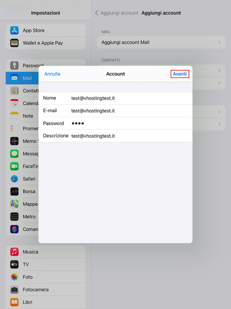 Come configurare una casella di posta su Mail Inserimento dei dati della casella email su iPad