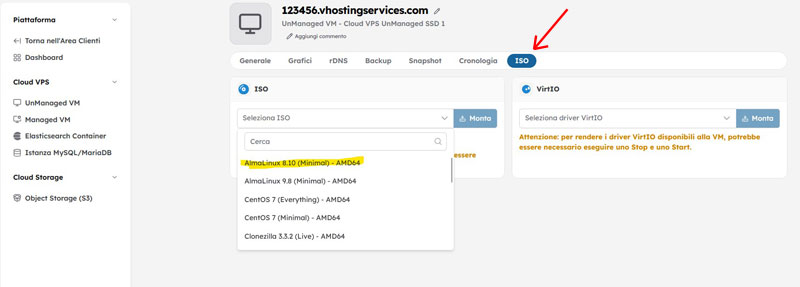 Selezione dell'immagine ISO per la VPS non gestita