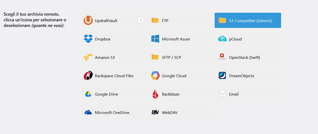 Configurazione archivio remoto UpdraftPlus con Cloud Object Storage compatibile S3