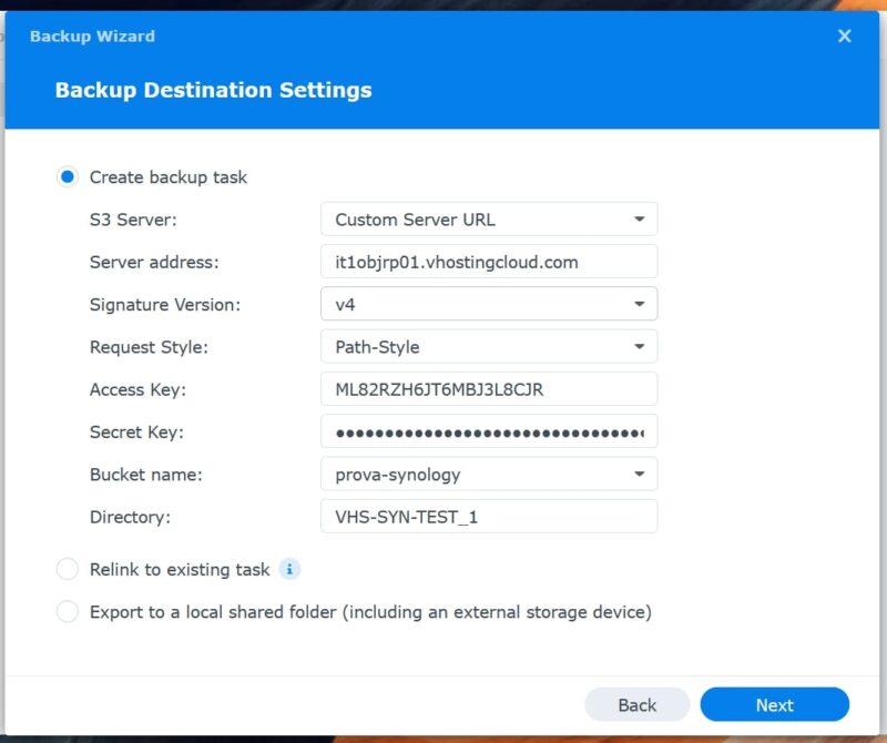 Inserimento credenziali S3 su NAS Synology