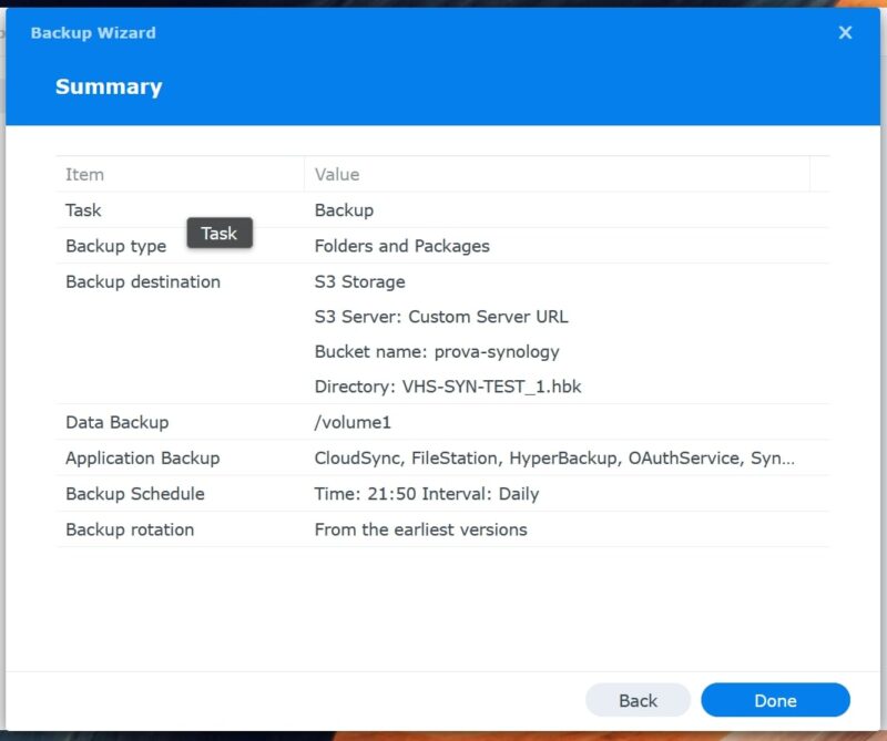 Riepilogo configurazione backup Synology S3