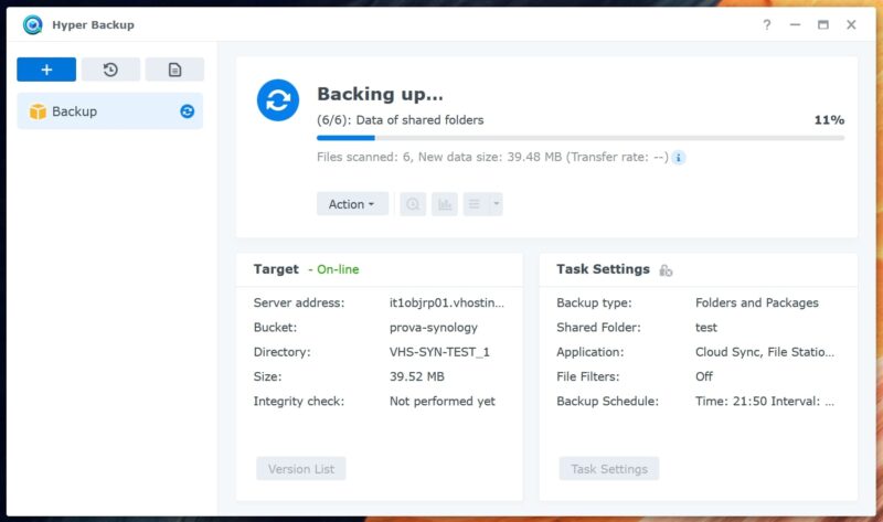 Backup Synology verso storage S3 in esecuzione