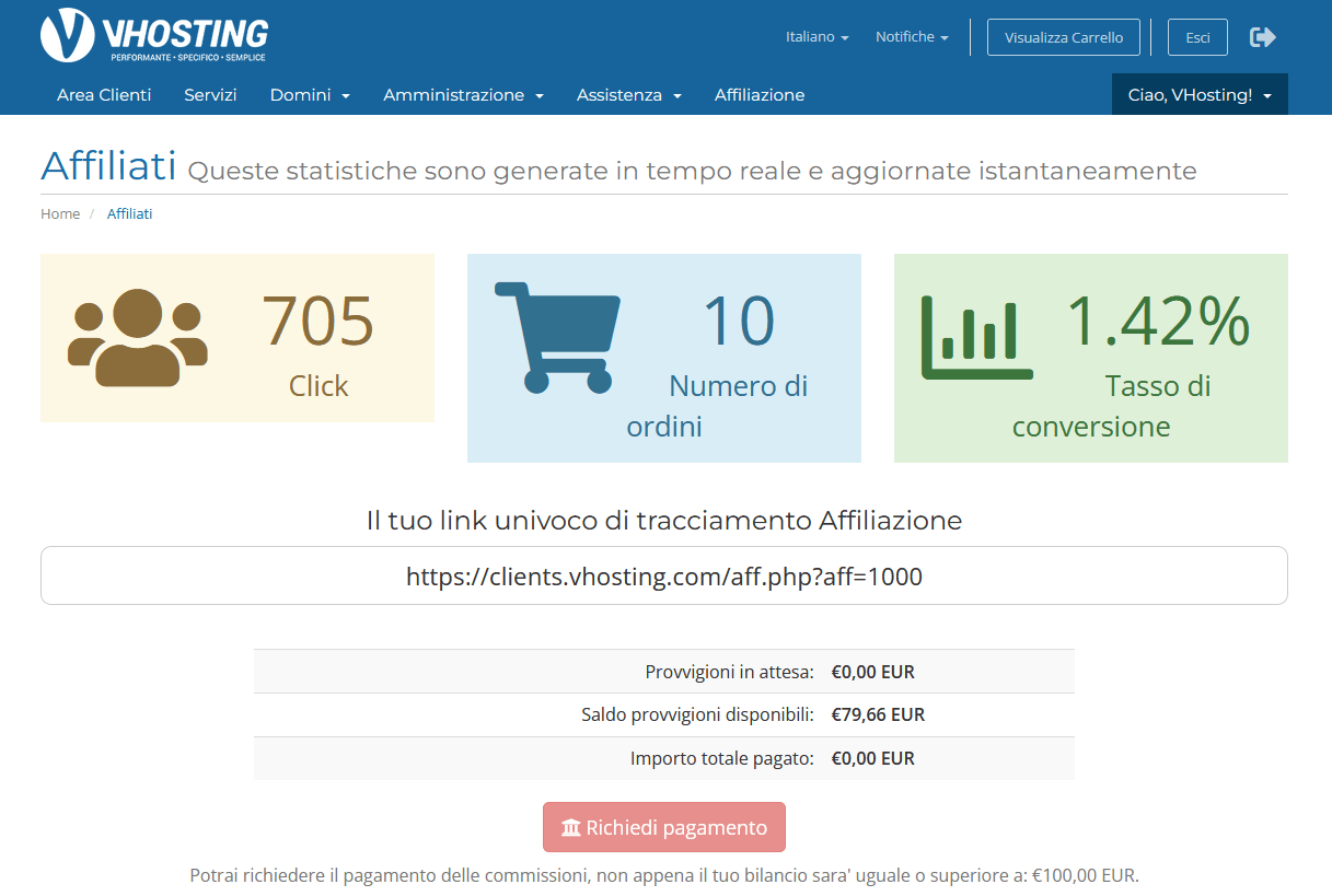 Esempio schermata statistiche affiliazione VHosting