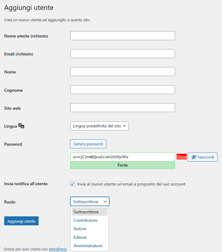 Guida WordPress Guida WordPress - Aggiungi nuovo utente