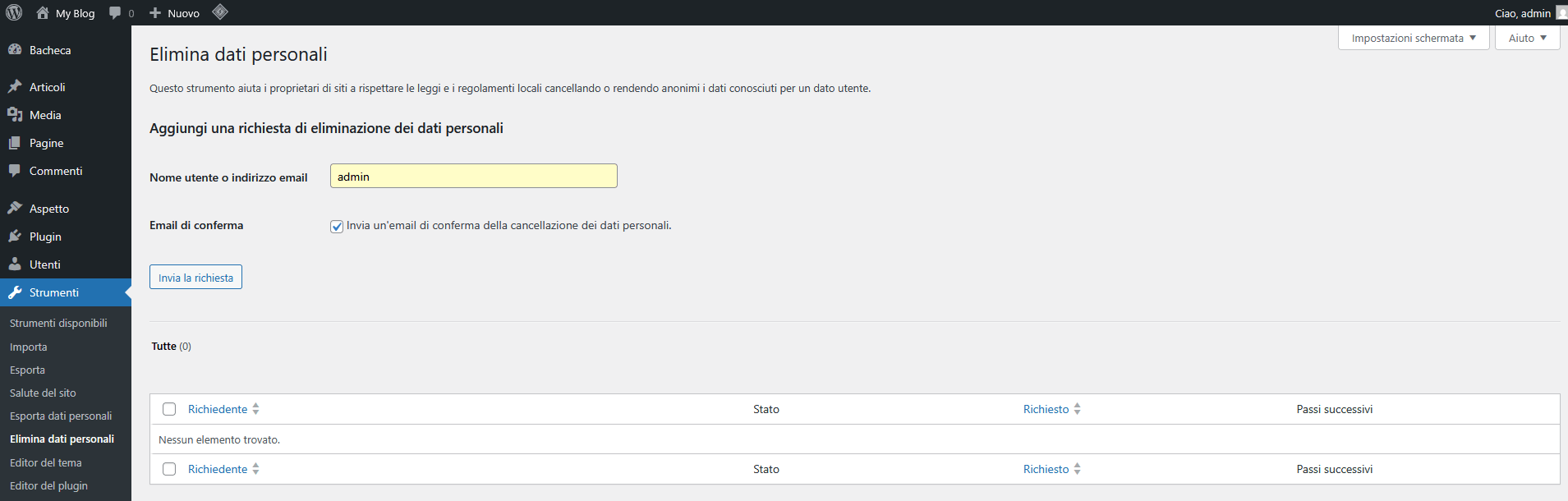 Guida WordPress Guida WordPress - Elimina dati