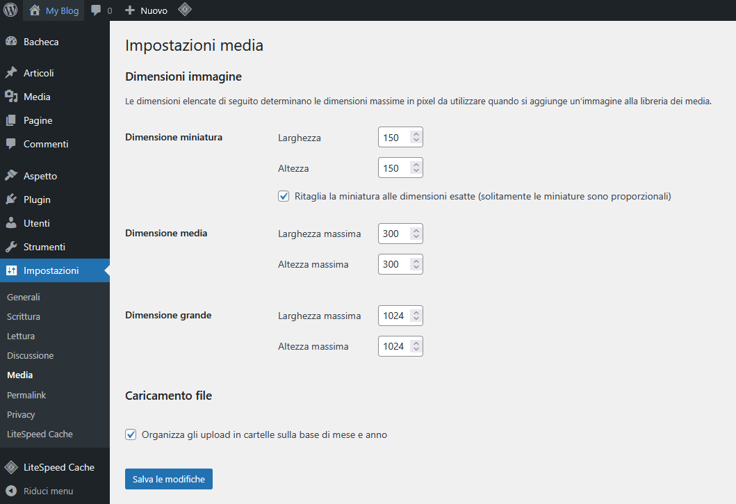 Guida WordPress Guida WordPress - Impostazioni>Media
