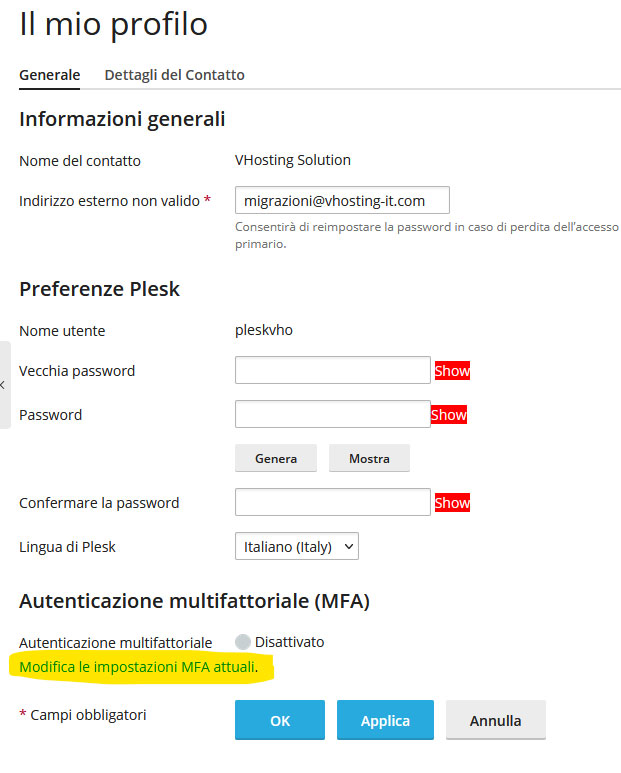 MFA: Come attivarlo su plesk Come attivare l'MFA su Plesk