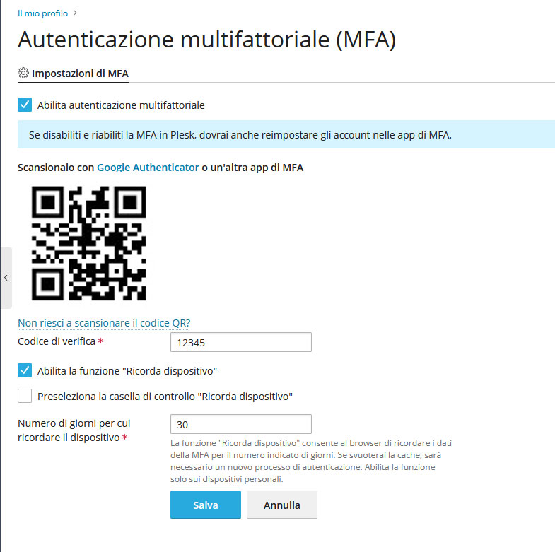 MFA: Come attivarlo su plesk Come attivare l'MFA su Plesk